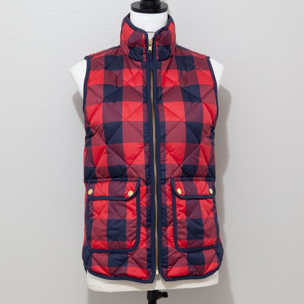 J. Crew Women's Red & Navy Blue Plaid Quilted Thin Puffer Down Vest Size XS